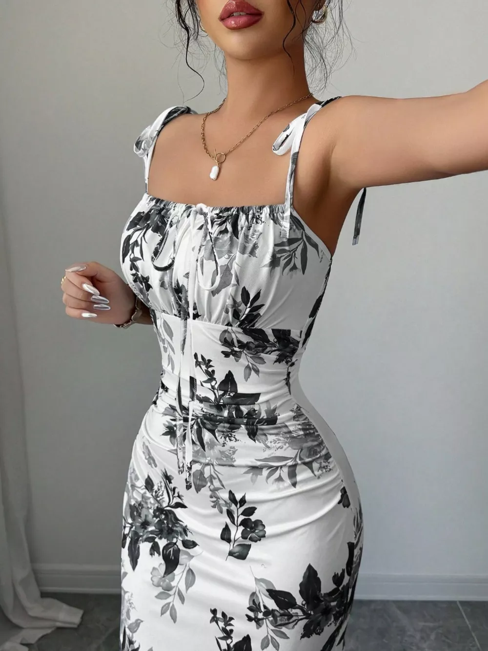 Printed Tie Strap Slit Maxi Dress, image 8