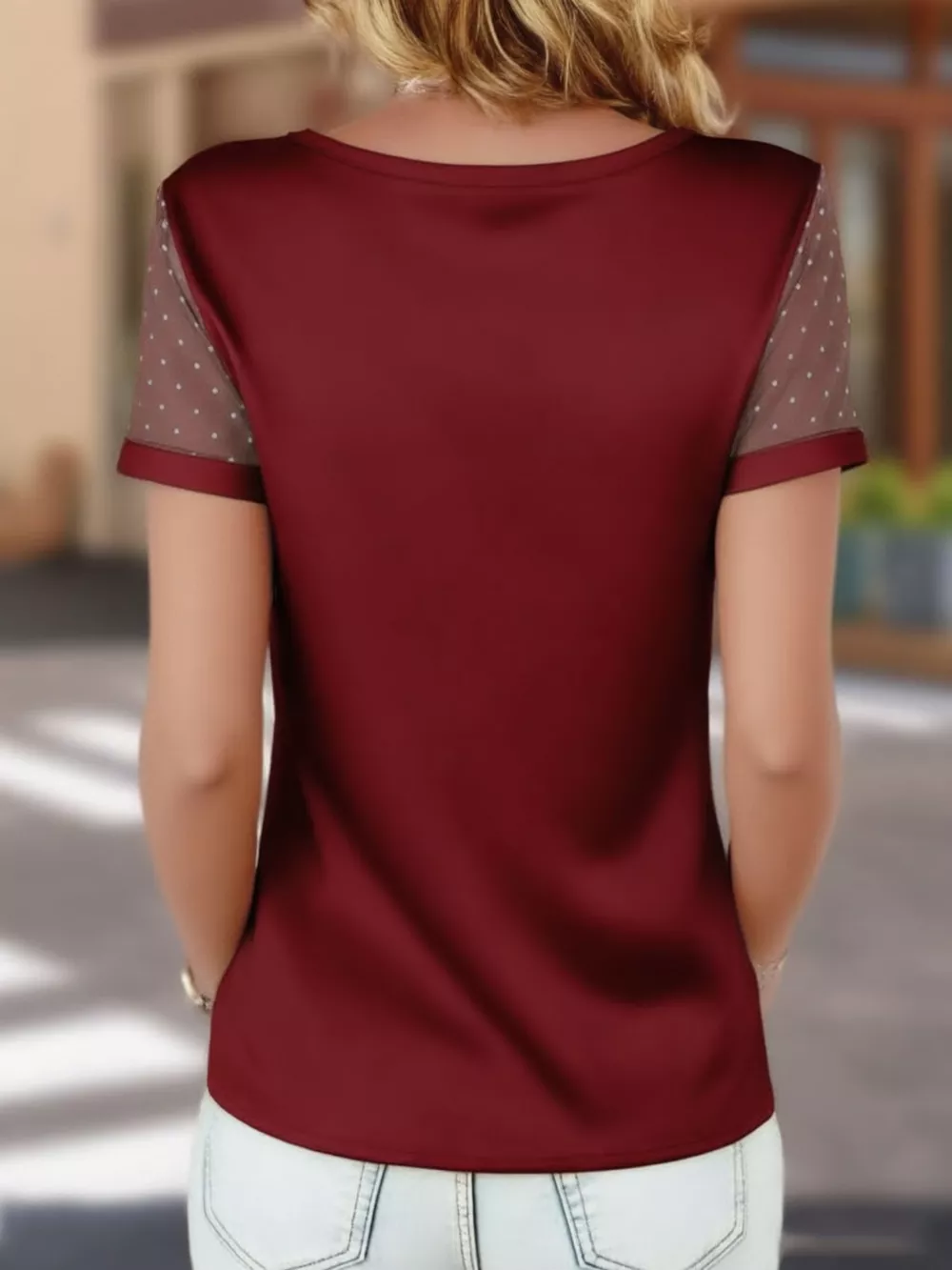 Polka Dot Mesh Sleeve Satin Short Sleeve Top, image 6