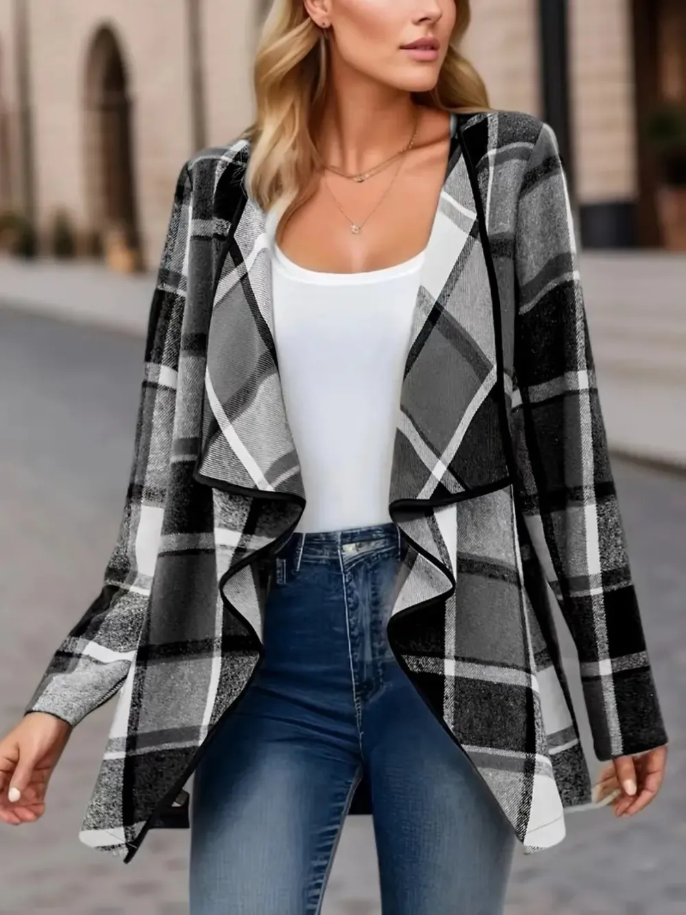 Plaid Open Front Long Sleeve Jacket, image 10