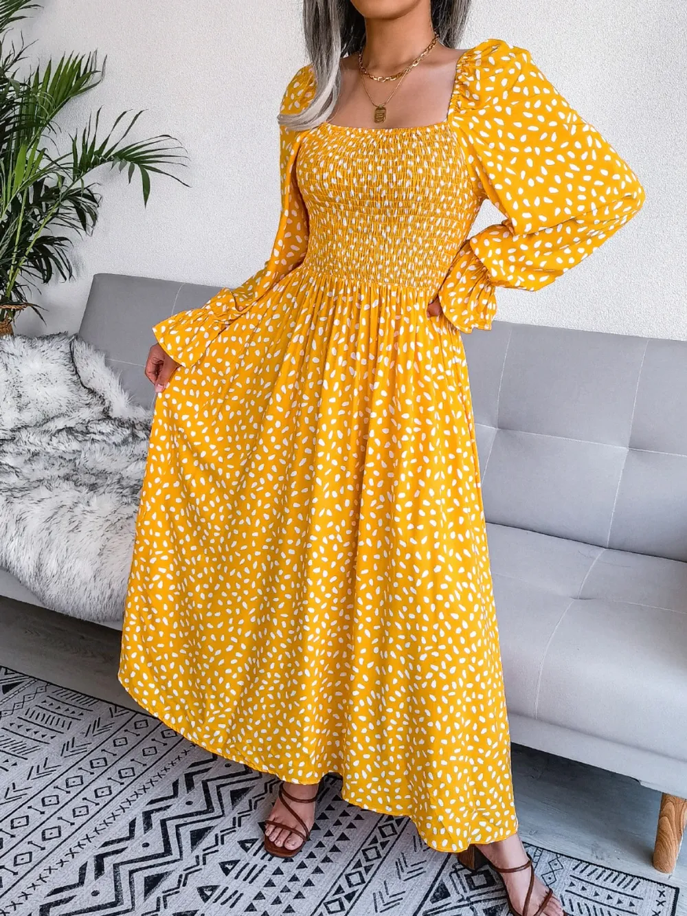 Smocked Square Neck Flounce Sleeve Dress, image 3