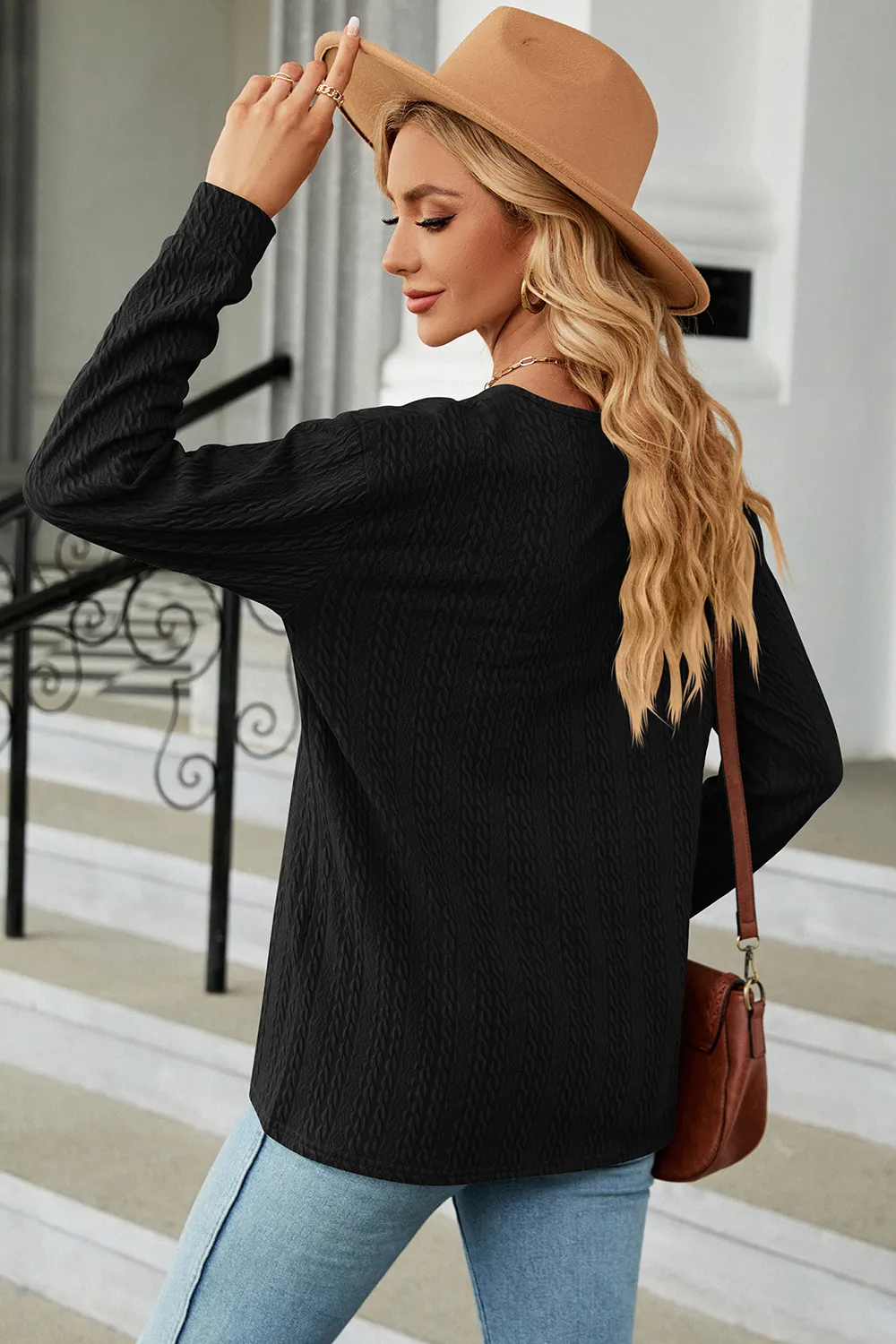 Decorative Button V-Neck Long Sleeve T-Shirt, image 15