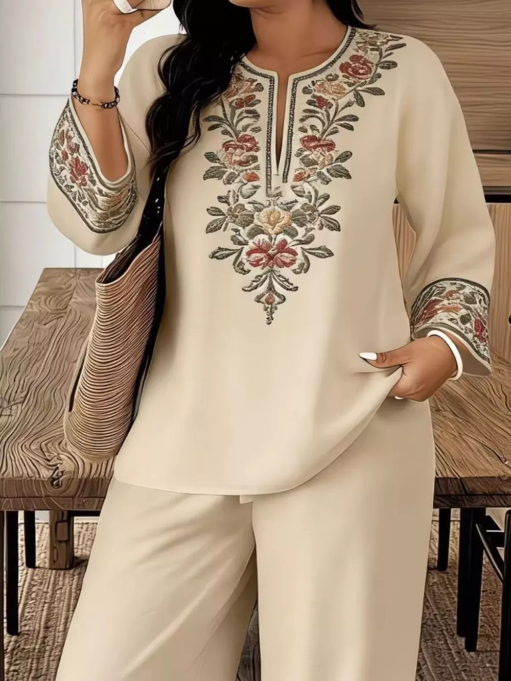 Full Size Embroidered Long Sleeve Top and Pants Set Plus Size, image 4