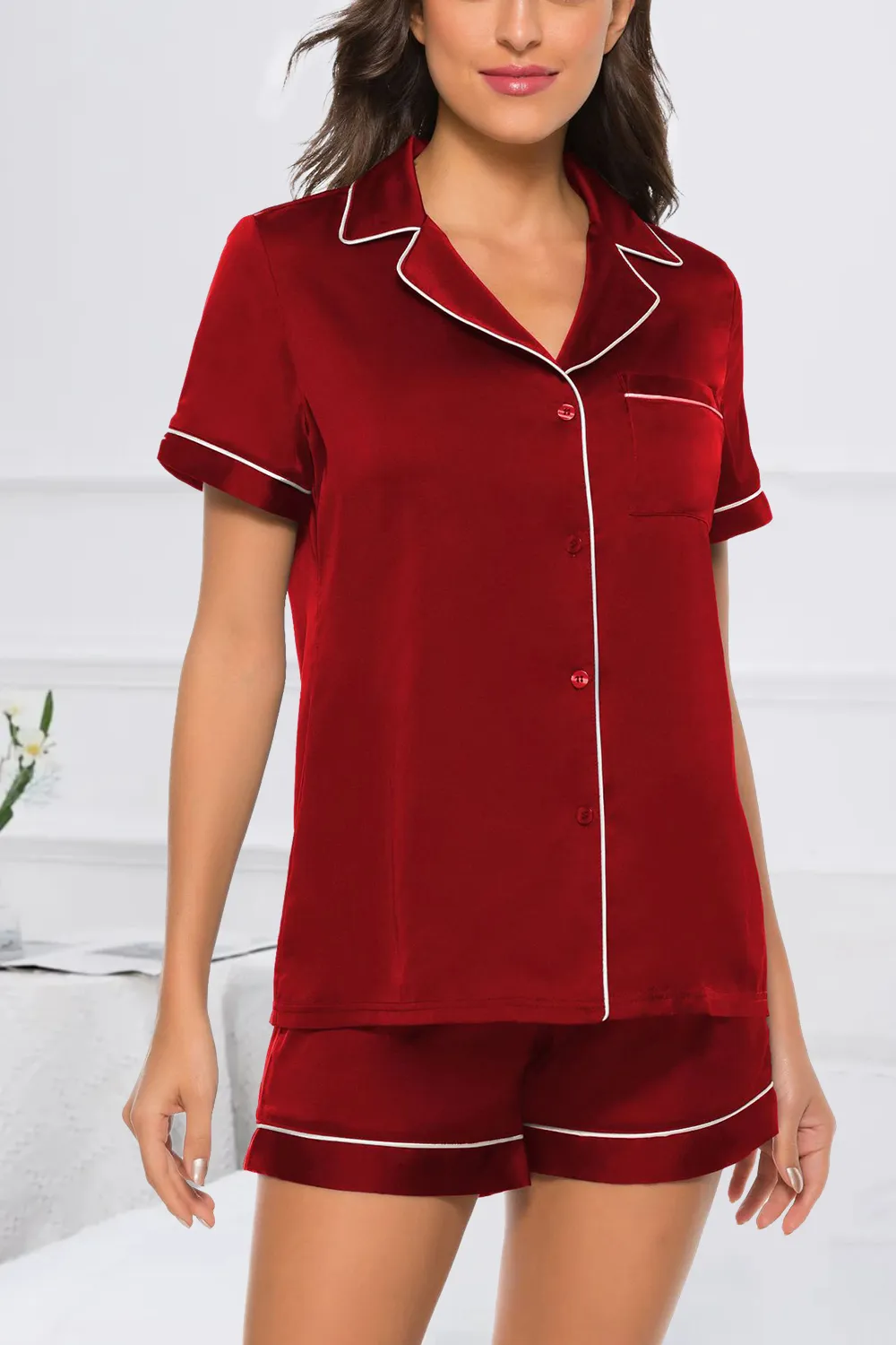 Printed Button Up Short Sleeve Top and Shorts Lounge Set, image 3