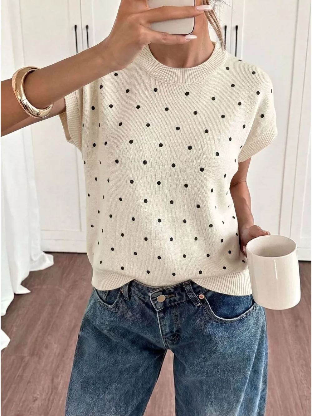 Polka Dot Short Sleeve Knit Sweater