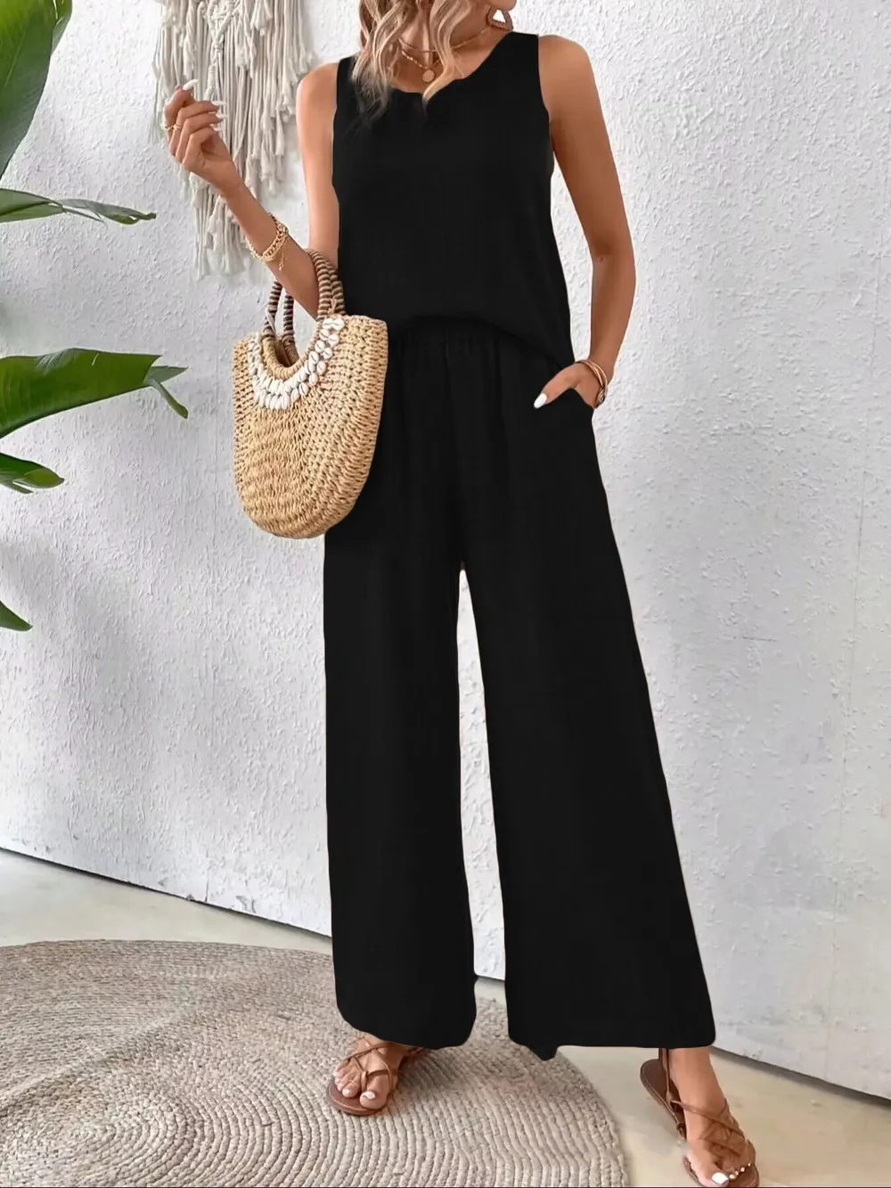 Round Neck Tank and Wide Leg Pants Set