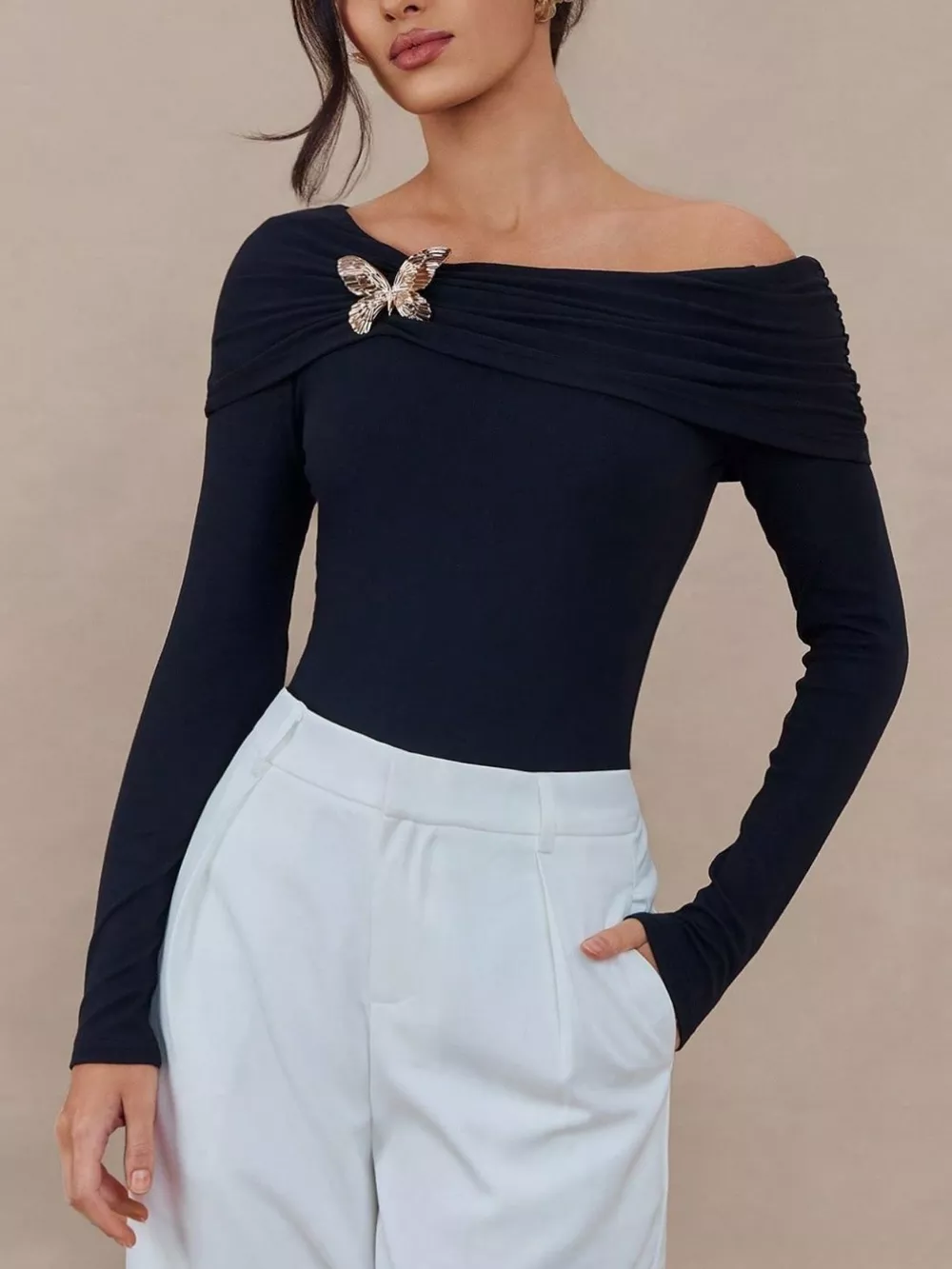 Elegant Off-Shoulder Long Sleeve Top with Butterfly Detail, image 2