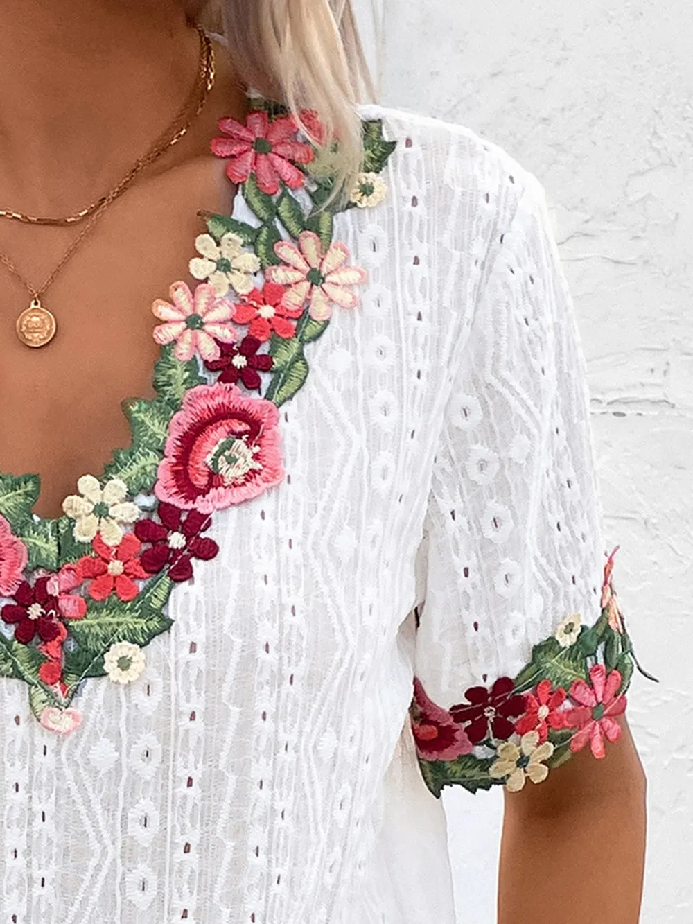 Eyelet Embroidered V-Neck Short Sleeve Blouse, image 2