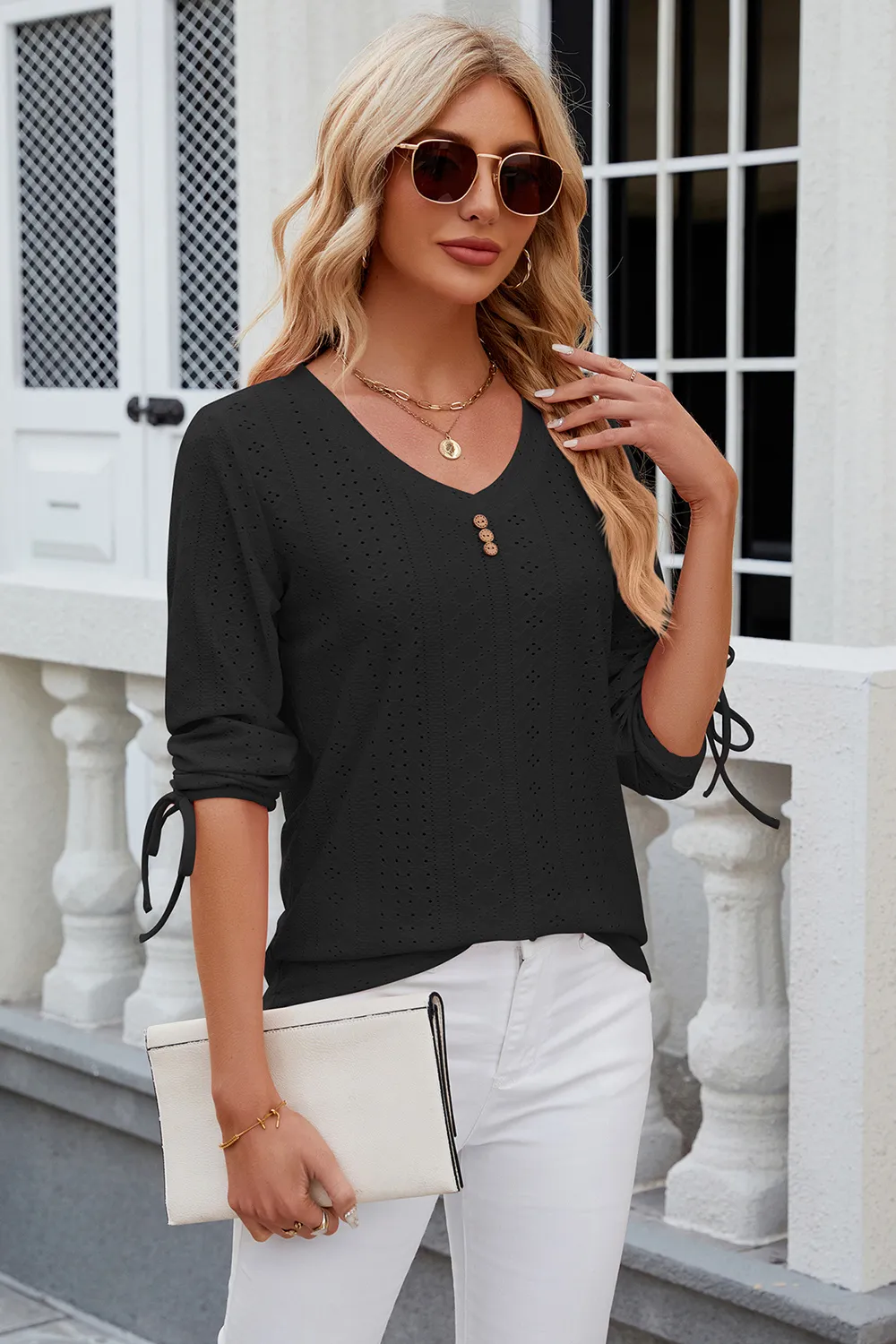 Eyelet Drawstring V-Neck Half Sleeve T-Shirt, image 7