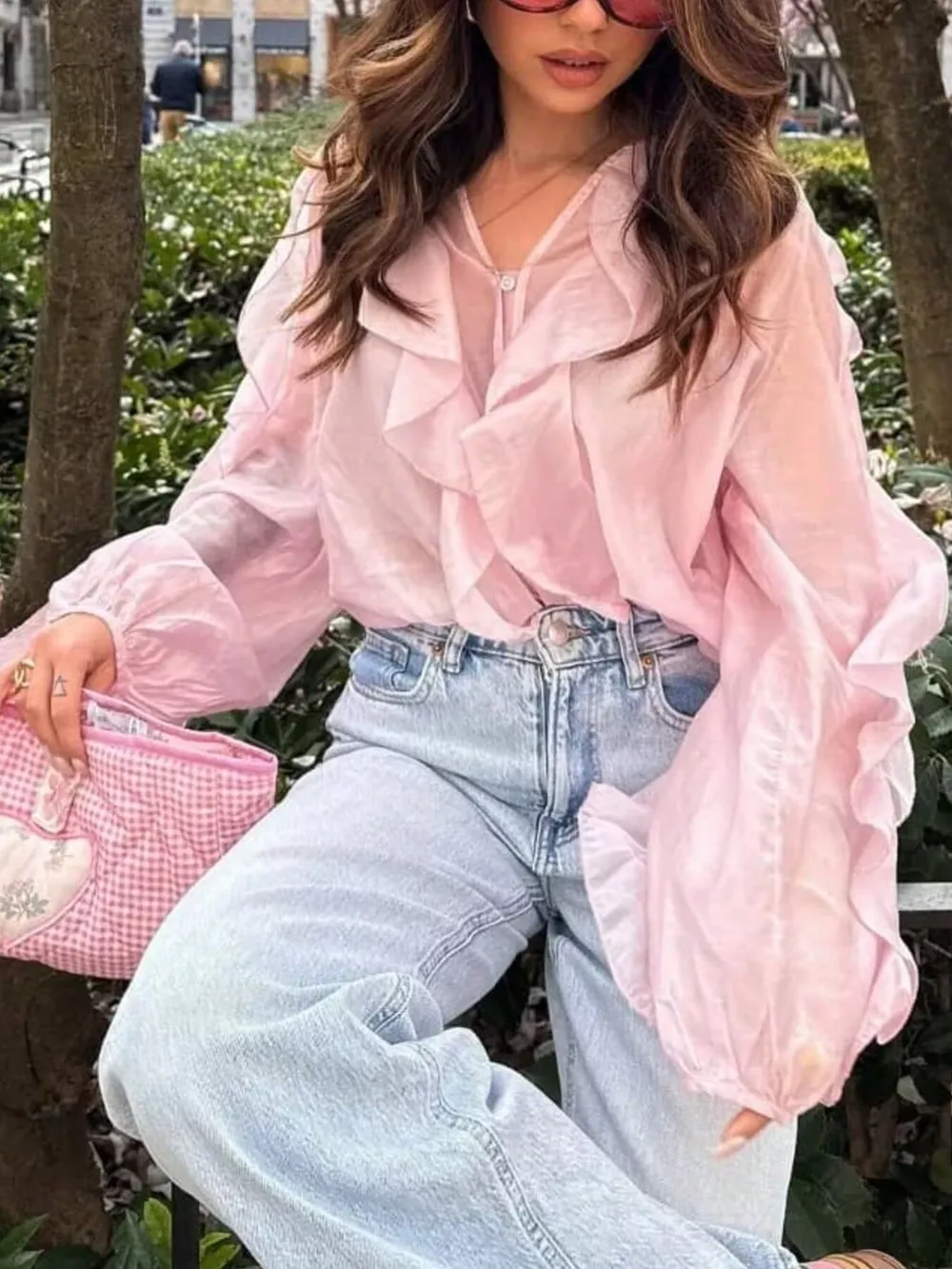 Ruffled Sheer Long Sleeve Blouse, image 4