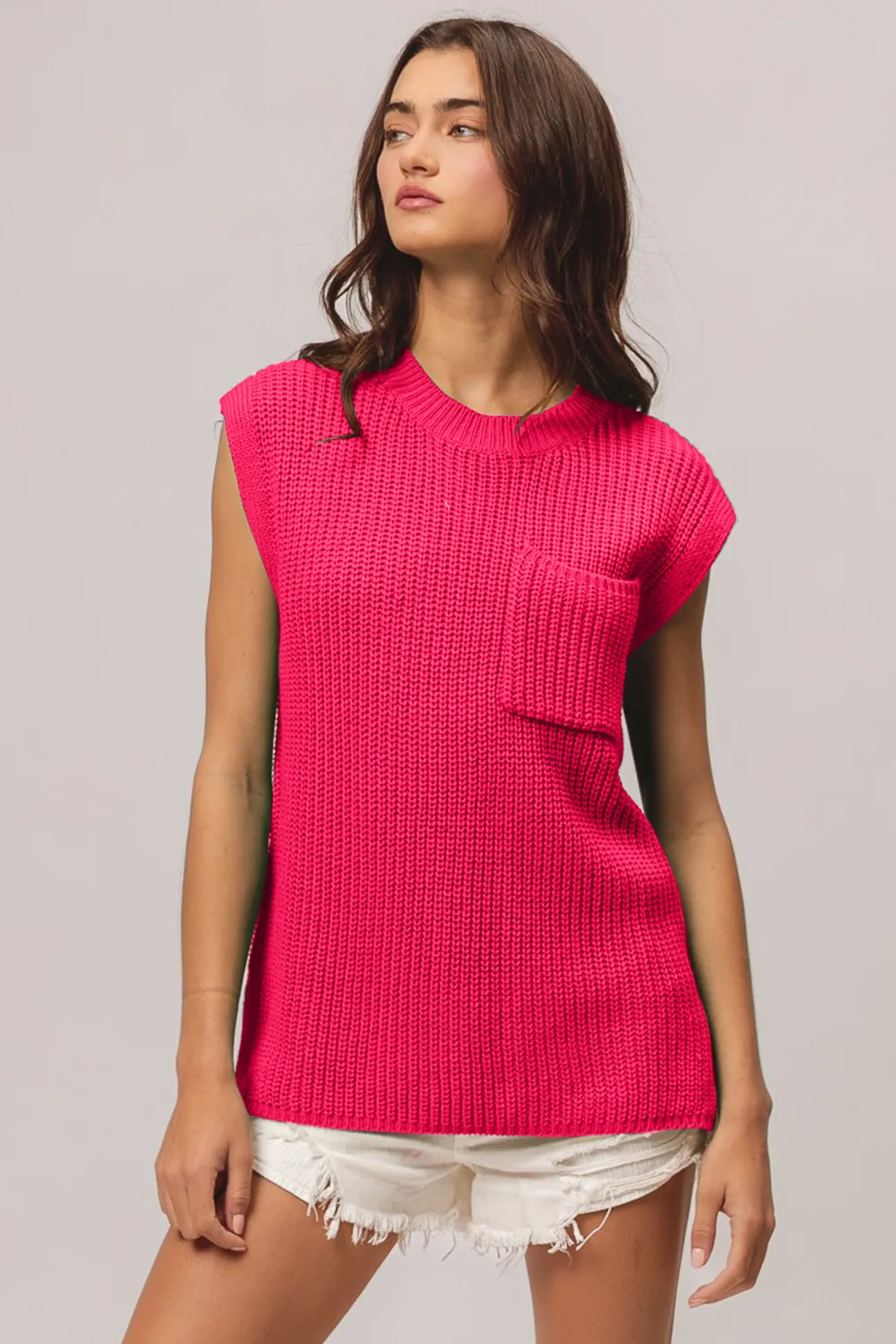 Patch Pocket Cap Sleeve Sweater Top, image 2