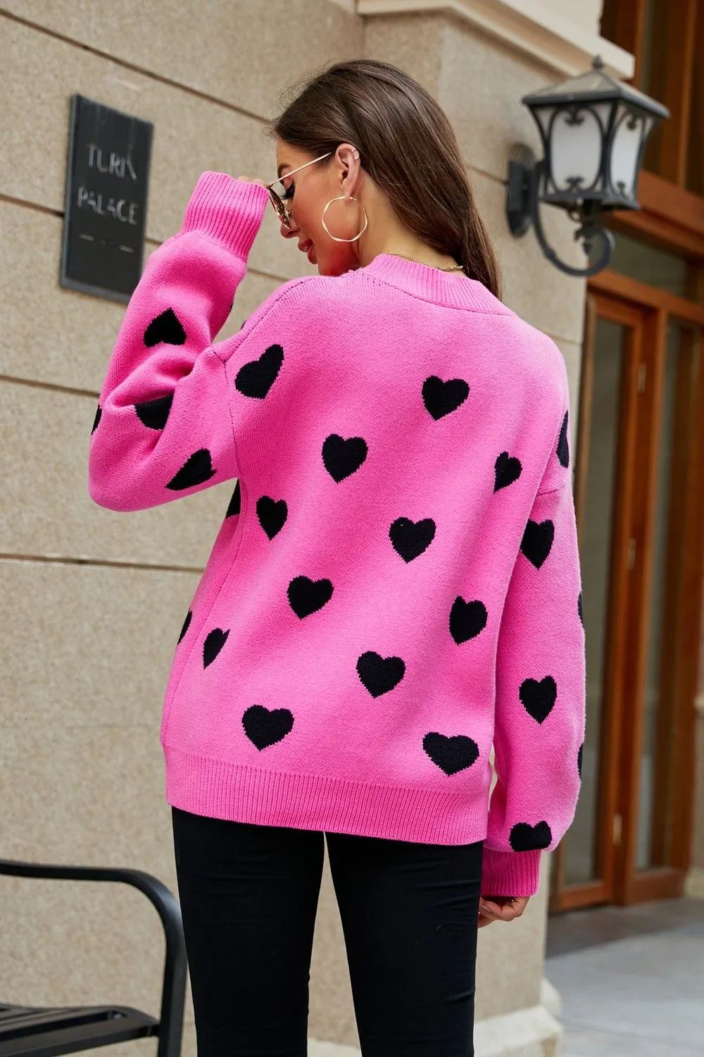 Heart Pattern Lantern Sleeve Round Neck Tunic Sweater, image 5