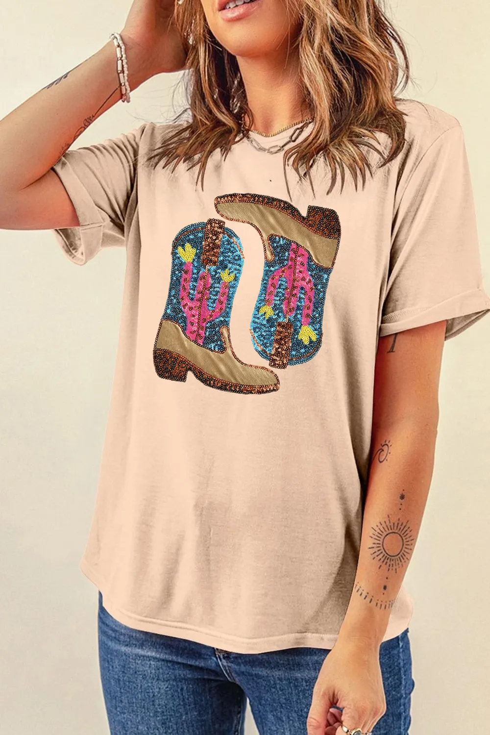 Sequin Round Neck Short Sleeve T-Shirt, image 2