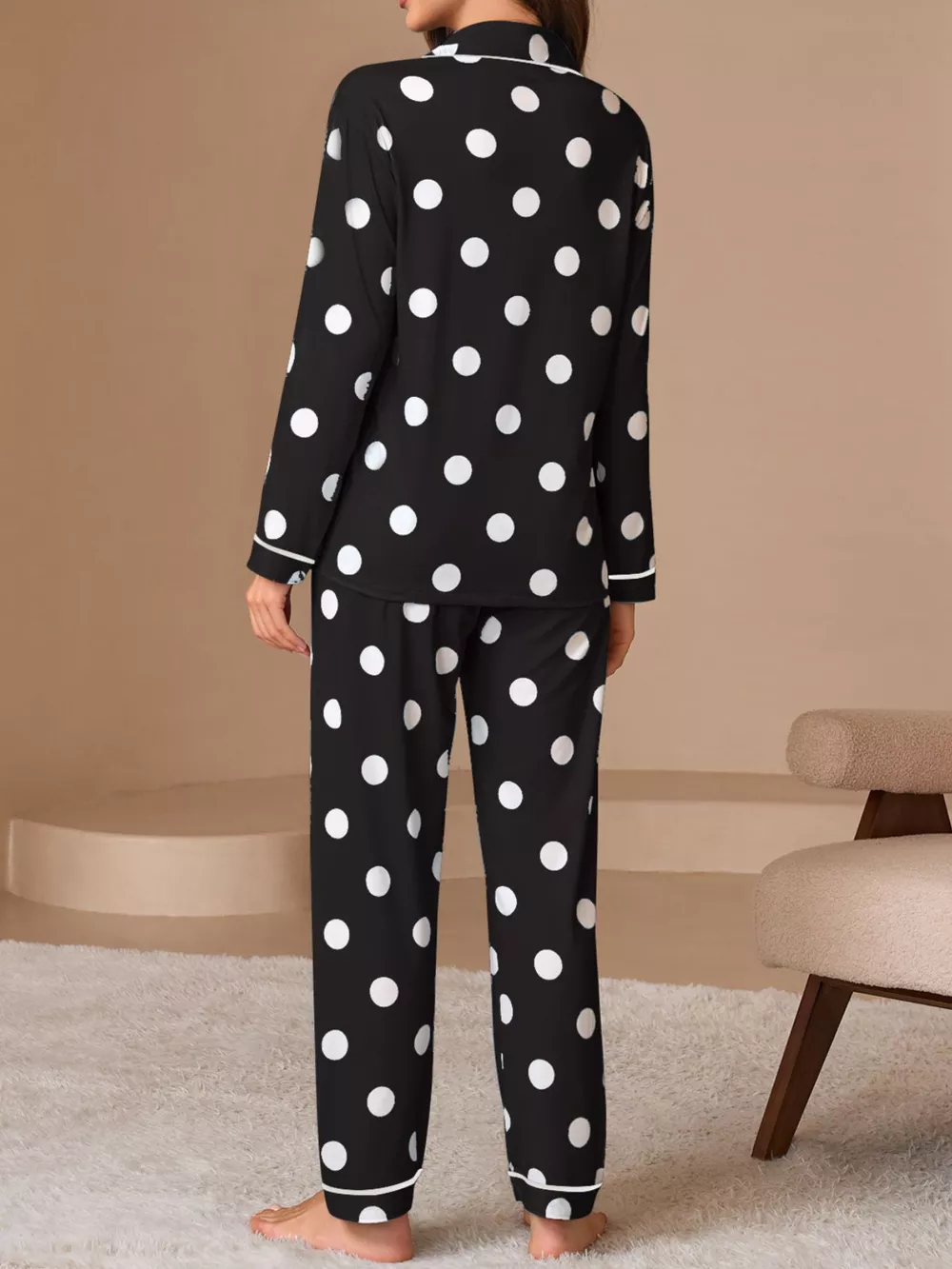Polka Dot Button-Down Top and Pants Lounge Set, image 12