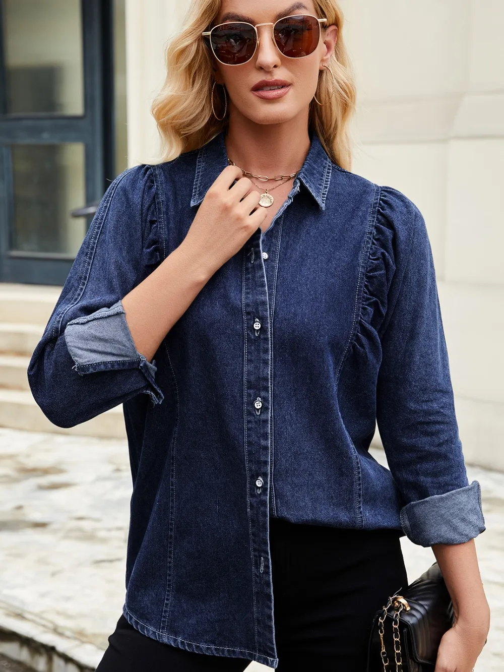Button Down Collared Neck Denim Shirt, image 2