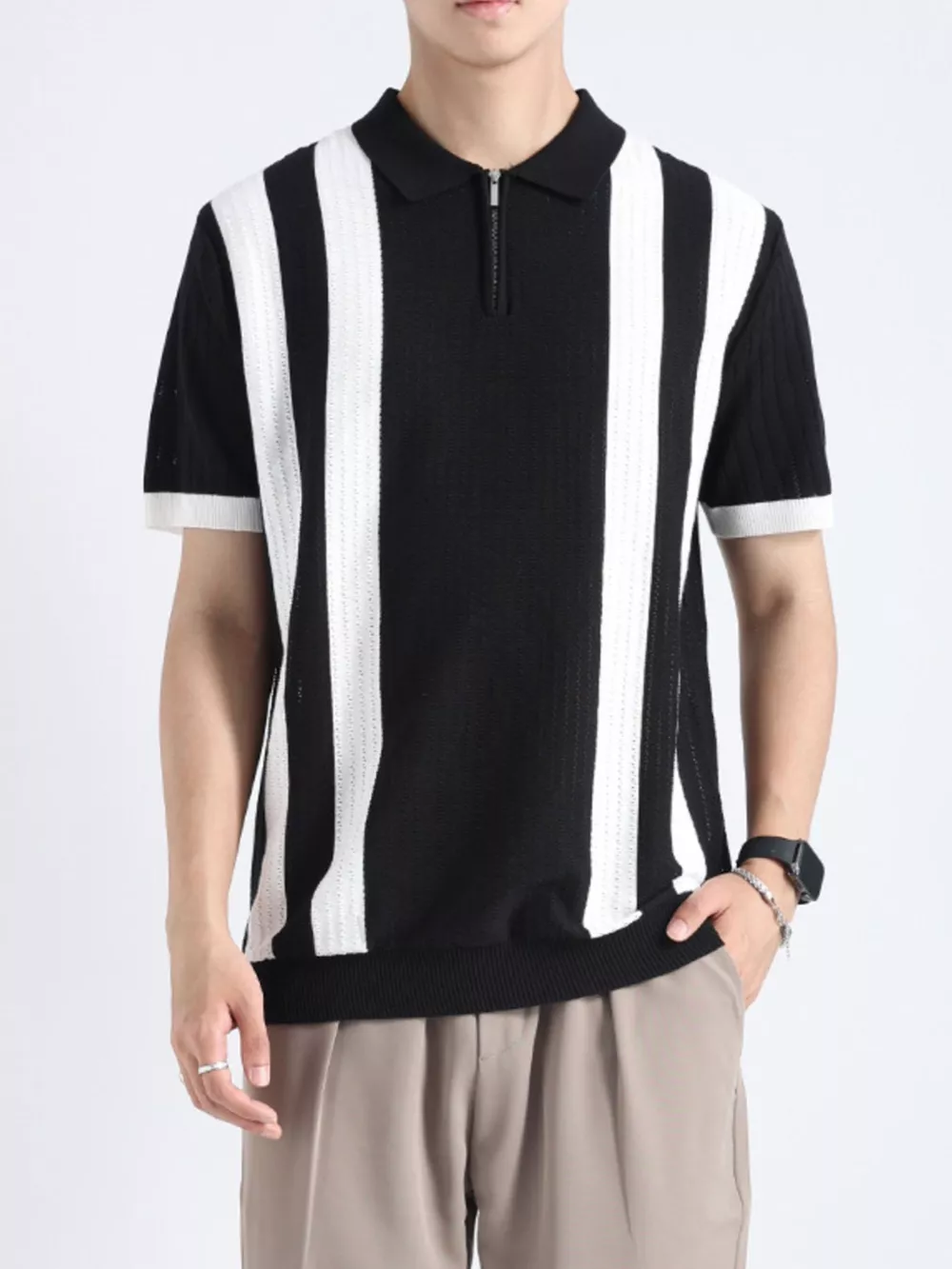 Men's Plus Size Striped Knitted Polo with Zipper