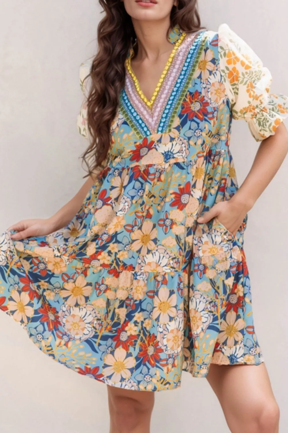 Printed Notched Flounce Sleeve Mini Dress