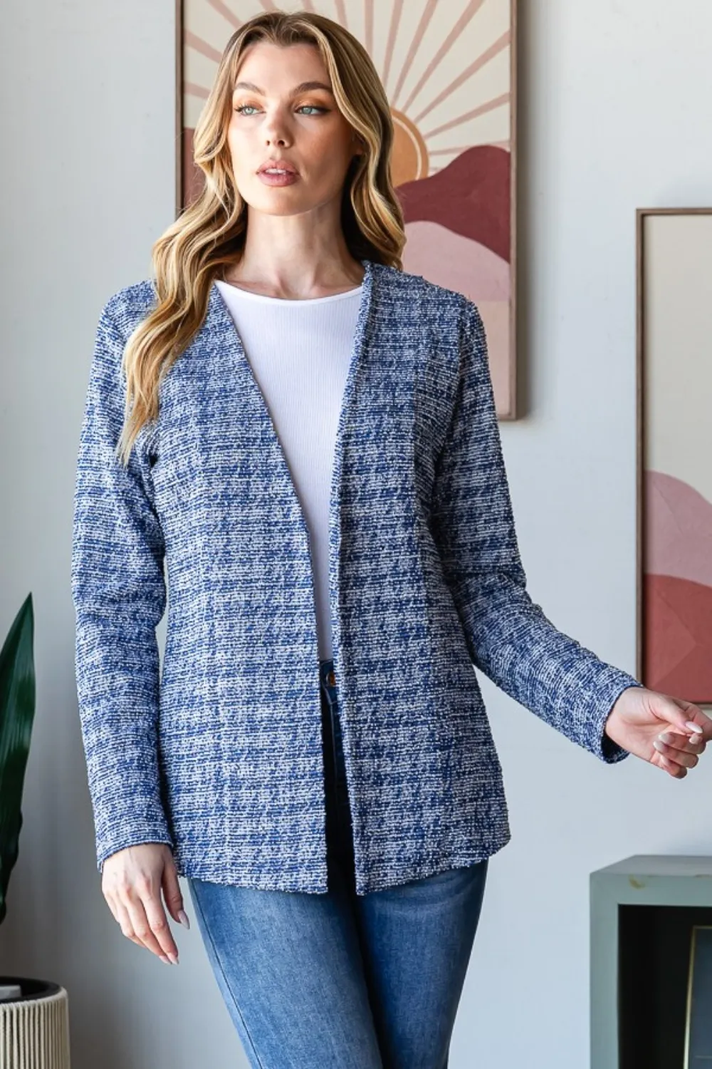 Full Size Houndstooth Tweed Open Front Blazer, image 4