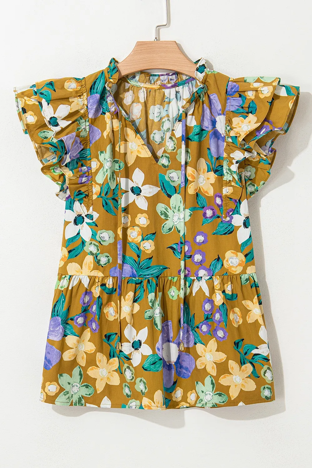 Floral Print Ruffle Cap Sleeve Tie Neck Top, image 2