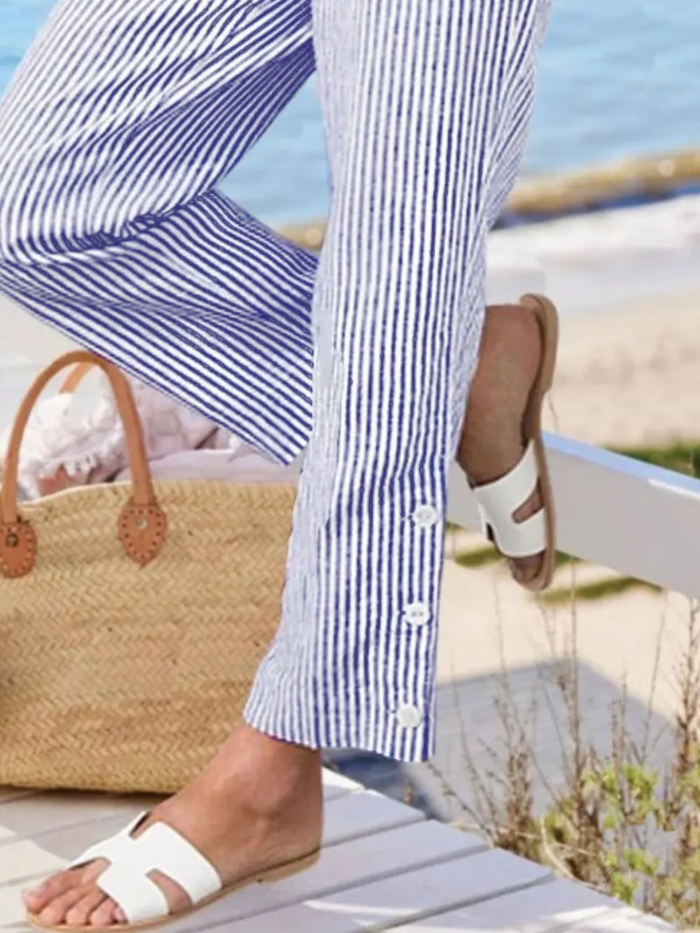 Full Size Striped Side Button Detail Pants Plus Size, image 13