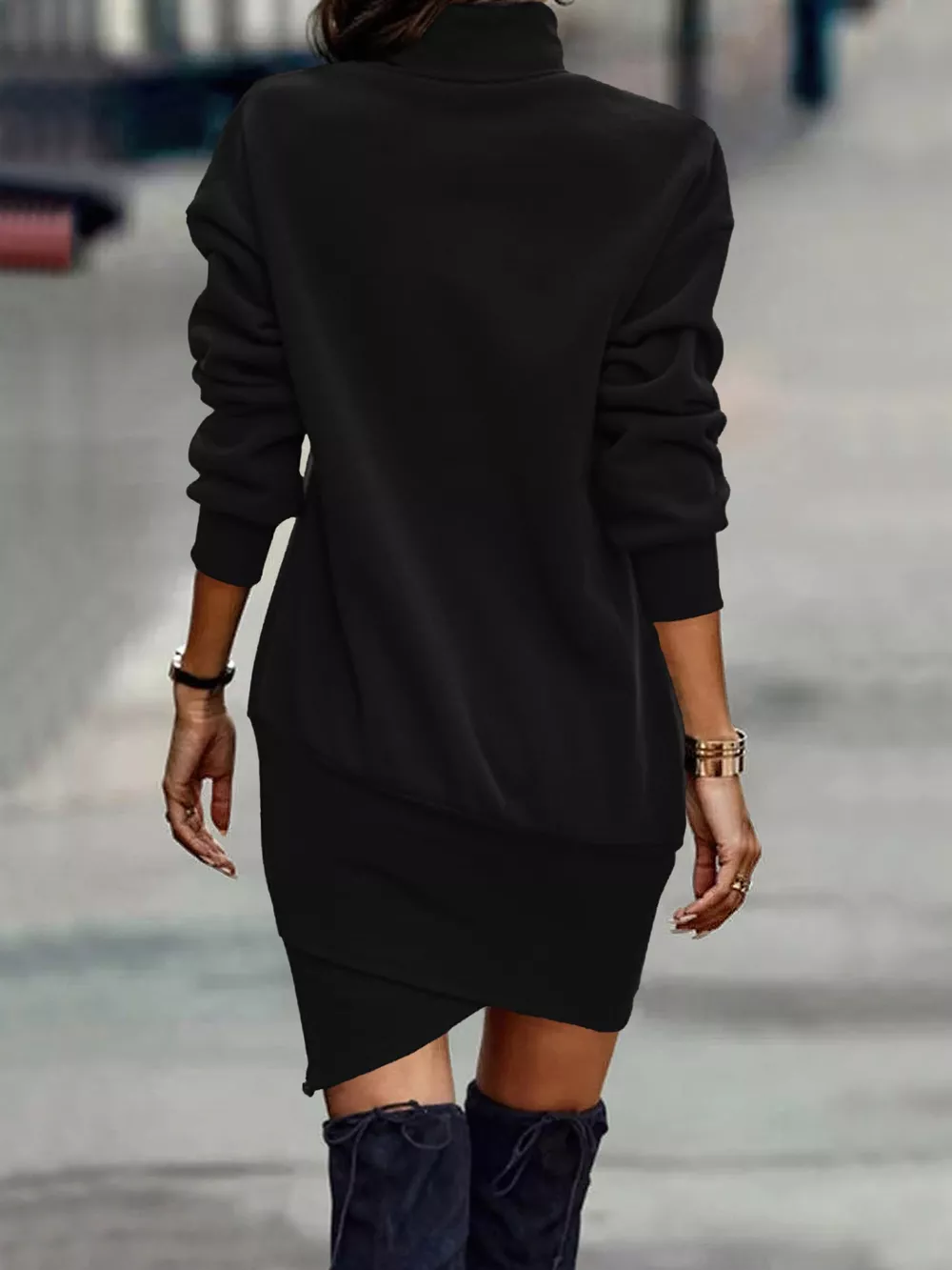 Turtleneck Long Sleeve Asymmetrical Hem Mini Dress, image 2