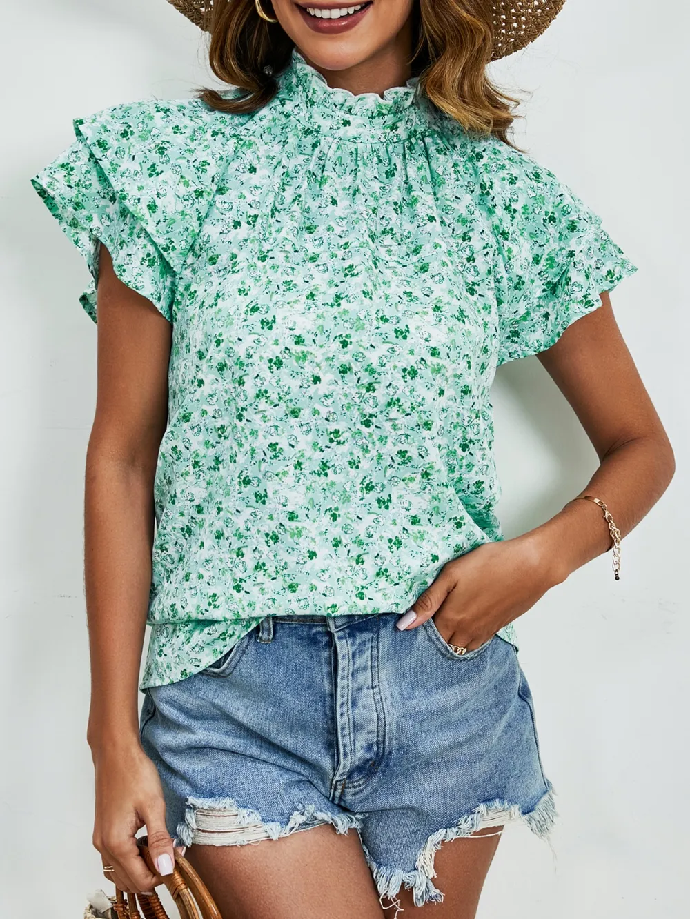 Ditsy Floral Mock Neck Flounce Sleeve Blouse, image 13
