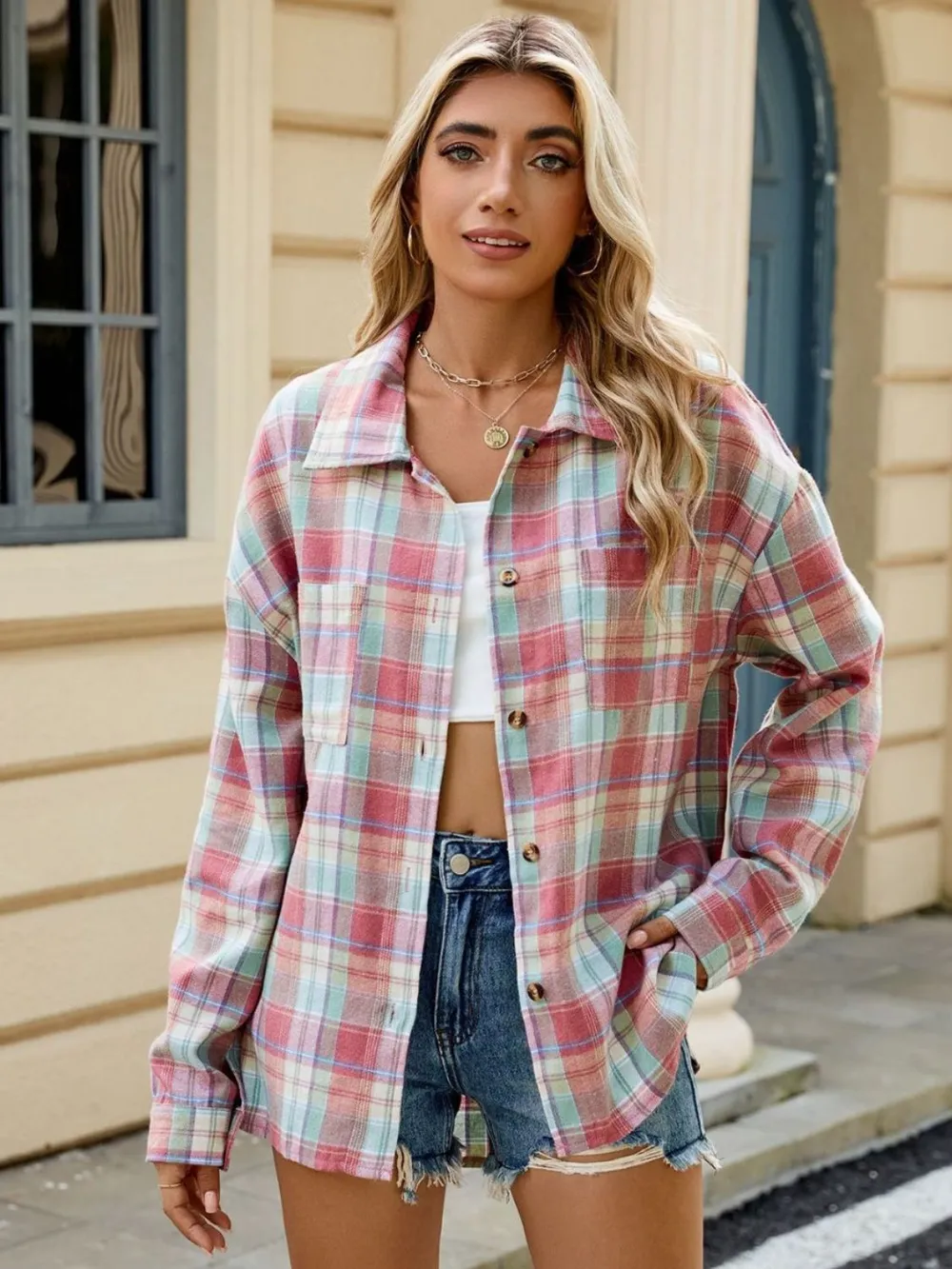 Plaid Collared Neck Long Sleeve Shirt, image 5