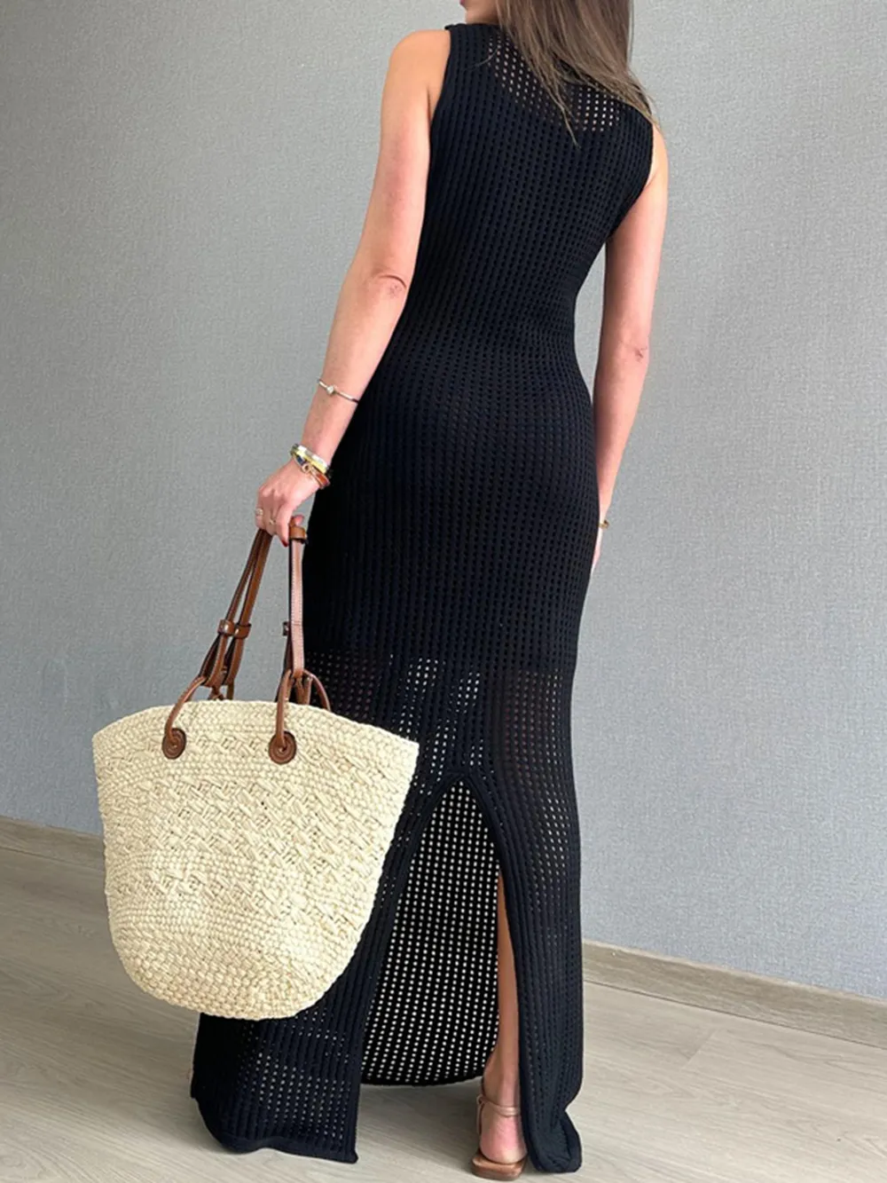 Openwork Slit Round Neck Cover-Up, image 3