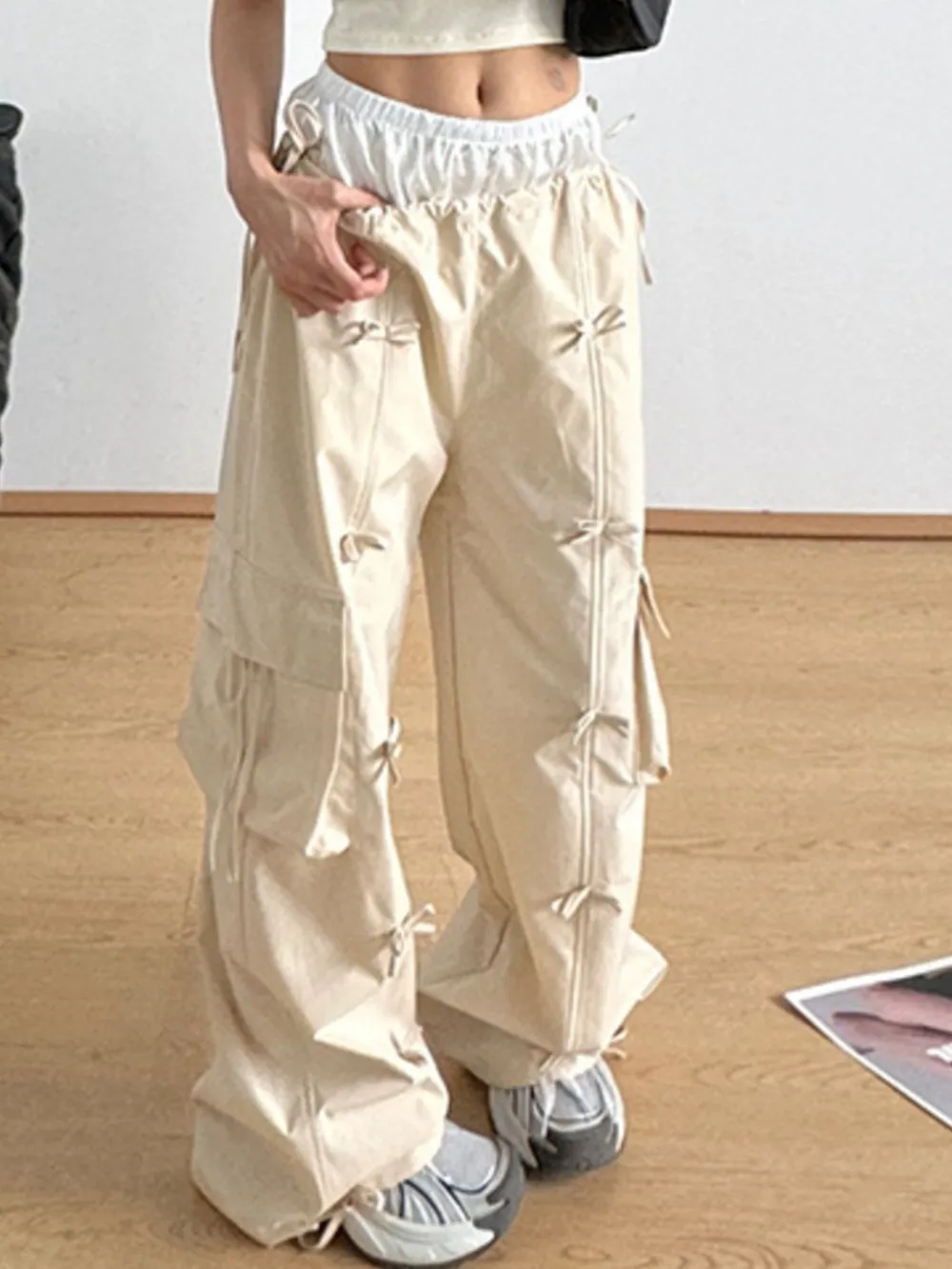Cargo Wide Leg Pants with Bow Tie Details, image 4