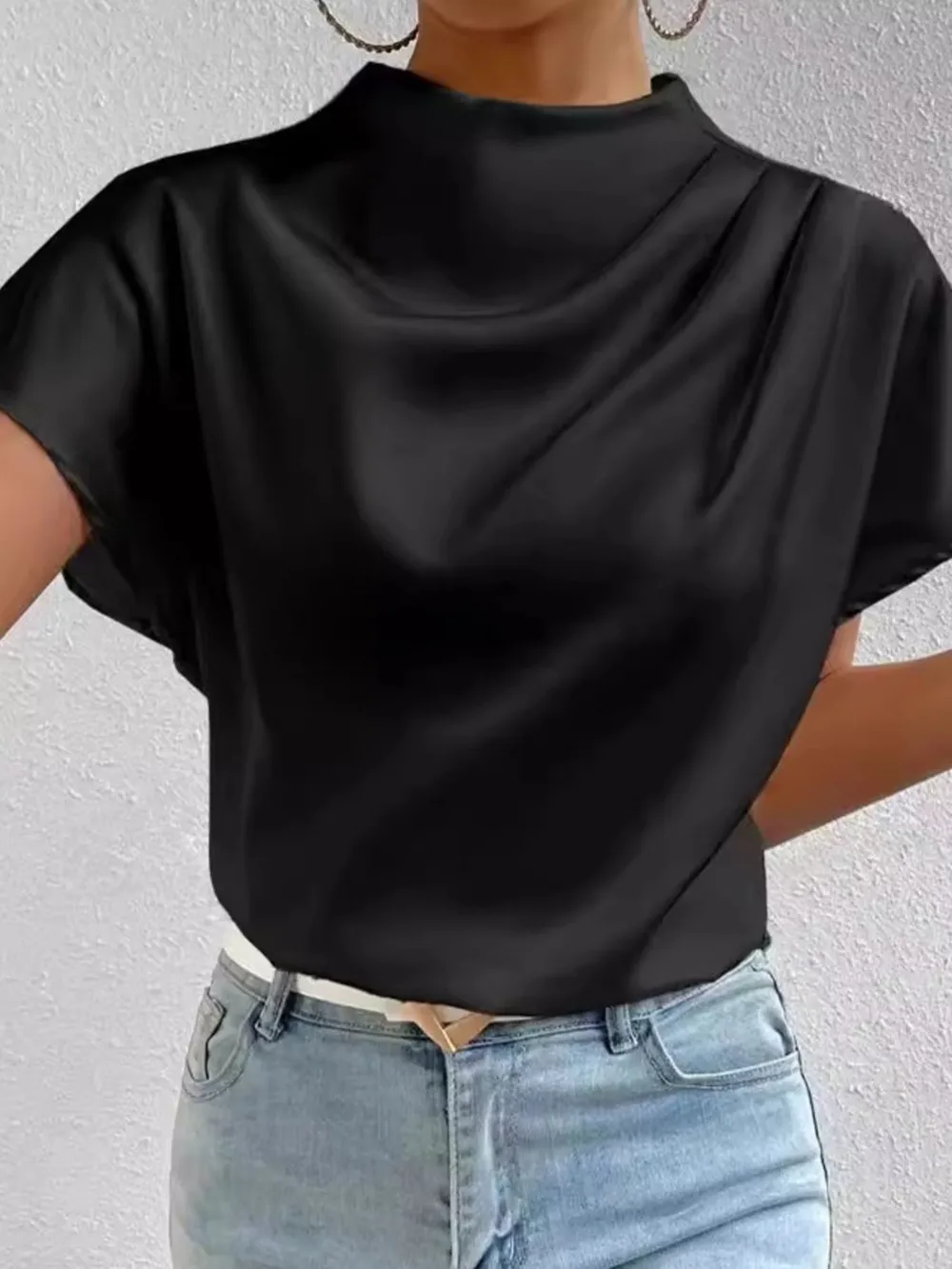 Mock Neck Short Sleeve Satin Blouse, image 7