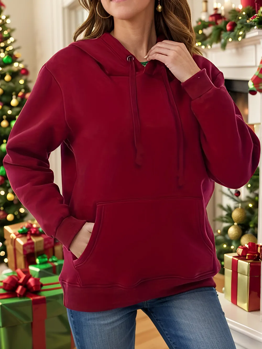 Drawstring Long Sleeve Hoodie with Kangaroo Pocket, image 2