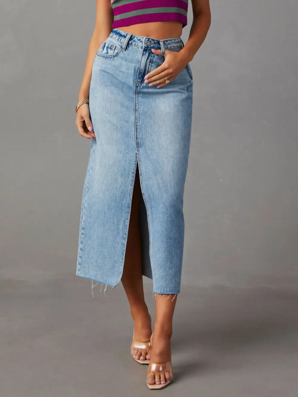 Raw Hem Front Slit Denim Midi Skirt, image 2