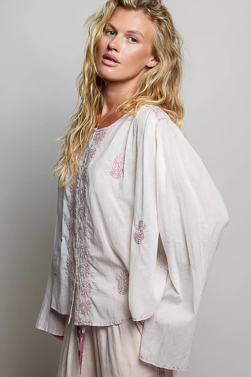 POL Embroidered Gathered Shoulder Long Sleeve Shirt, image 2