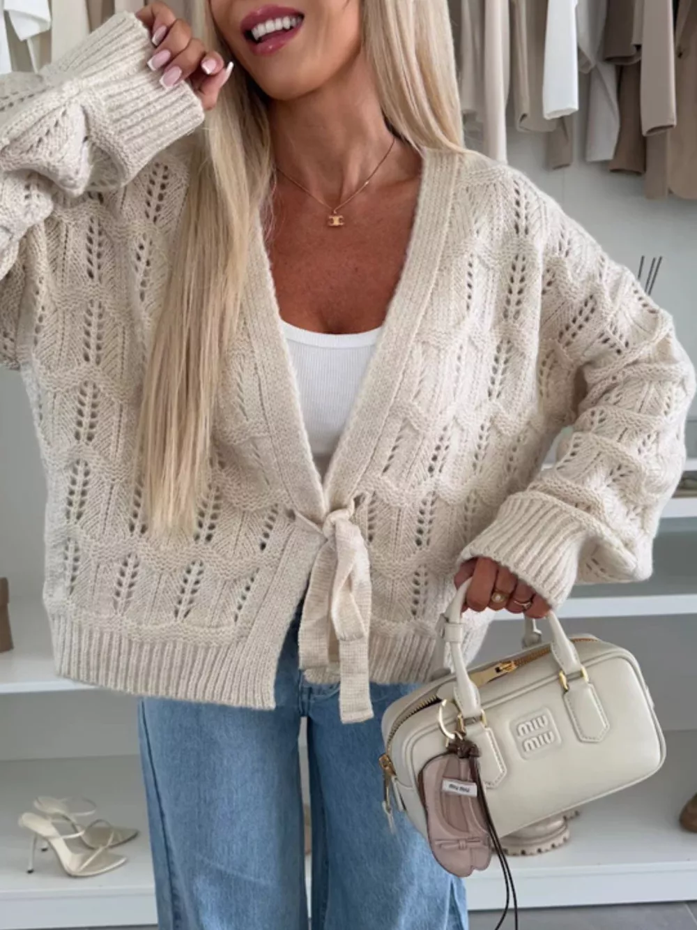 Tie-Front Openwork Cardigan, image 2
