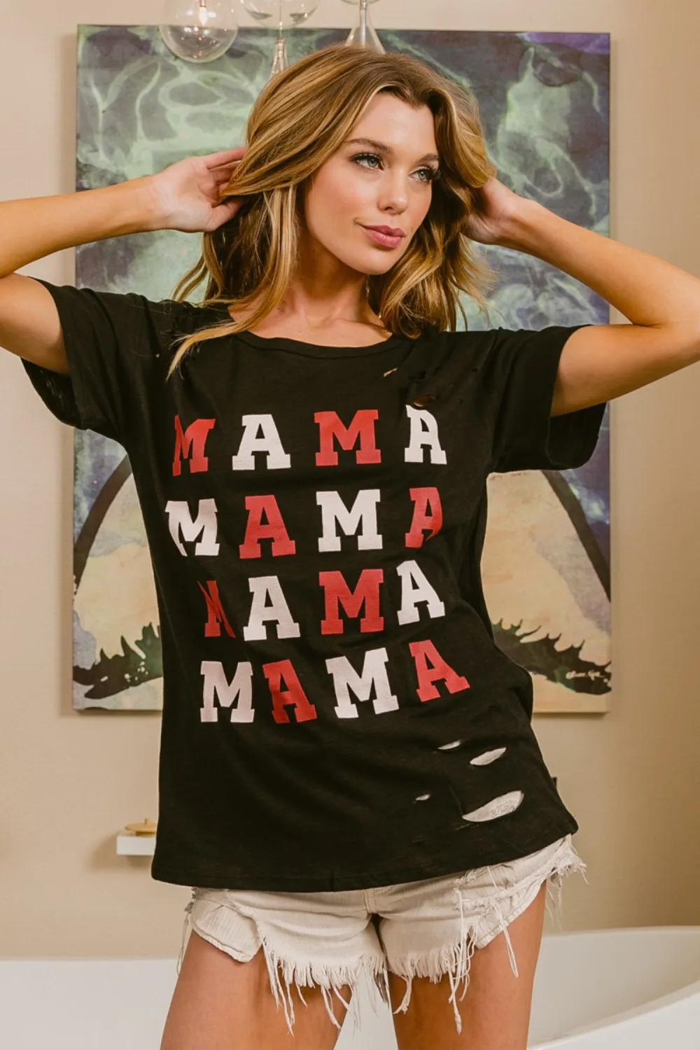MAMA Graphic Distressed Short Sleeve T-Shirt, image 3