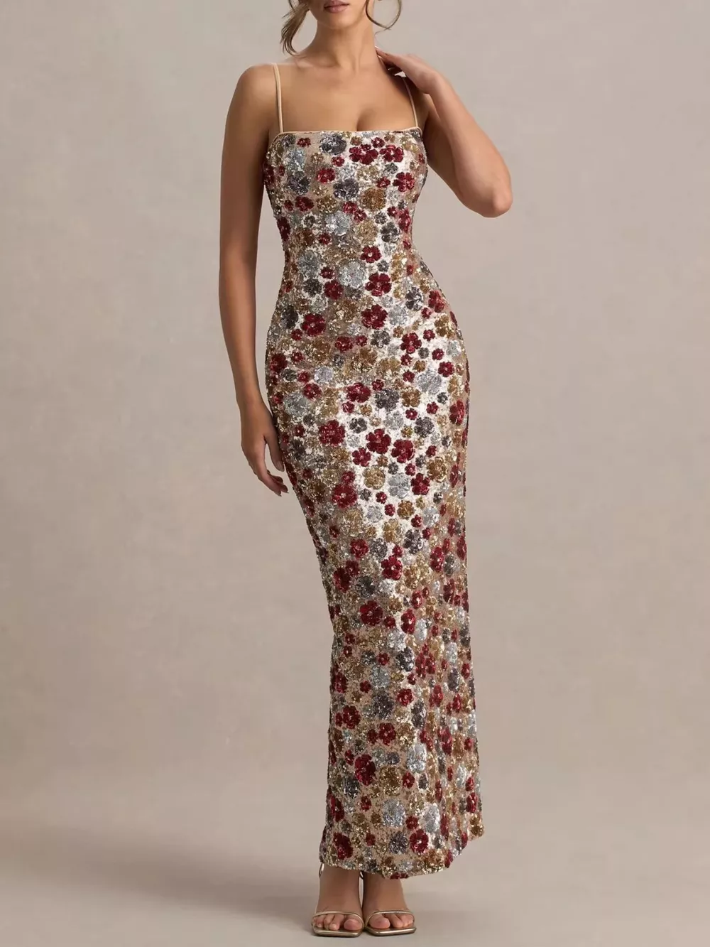 Slit Floral Sequin Bodycon Maxi Dress
