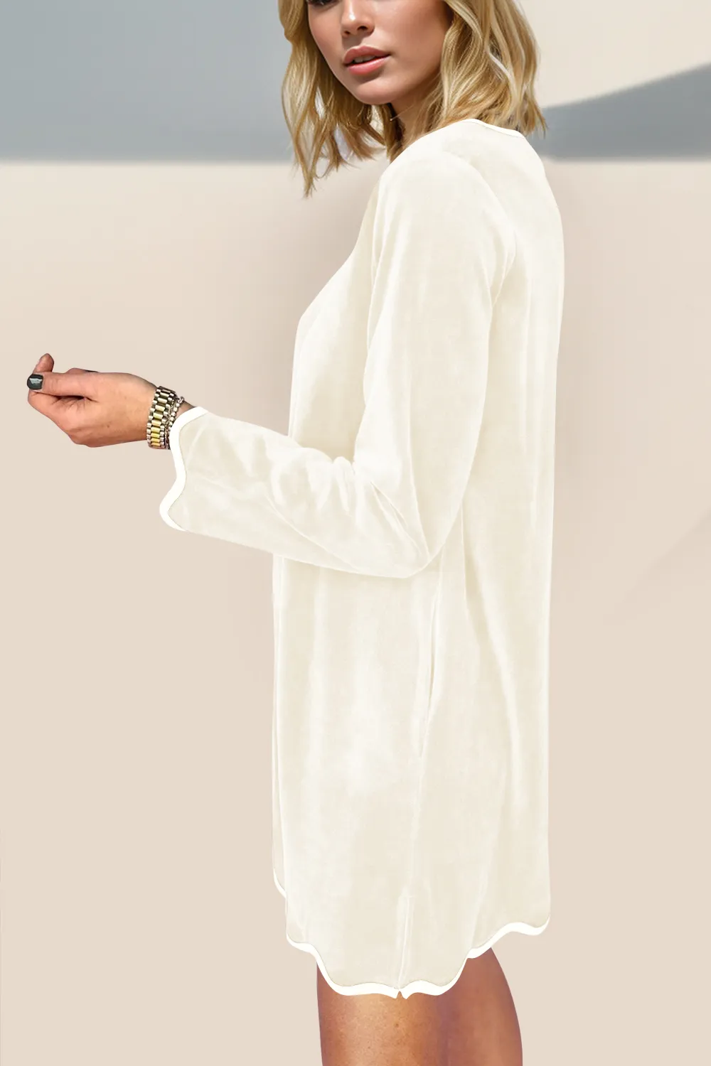 Wave Contrast Trim V-Neck Zip Up Long Sleeve Mini Dress, image 2