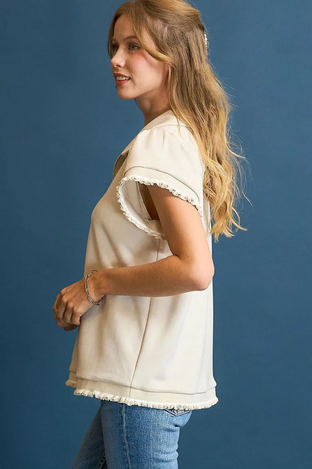 Frill Hem Half-Zip Collared Blouse, image 2