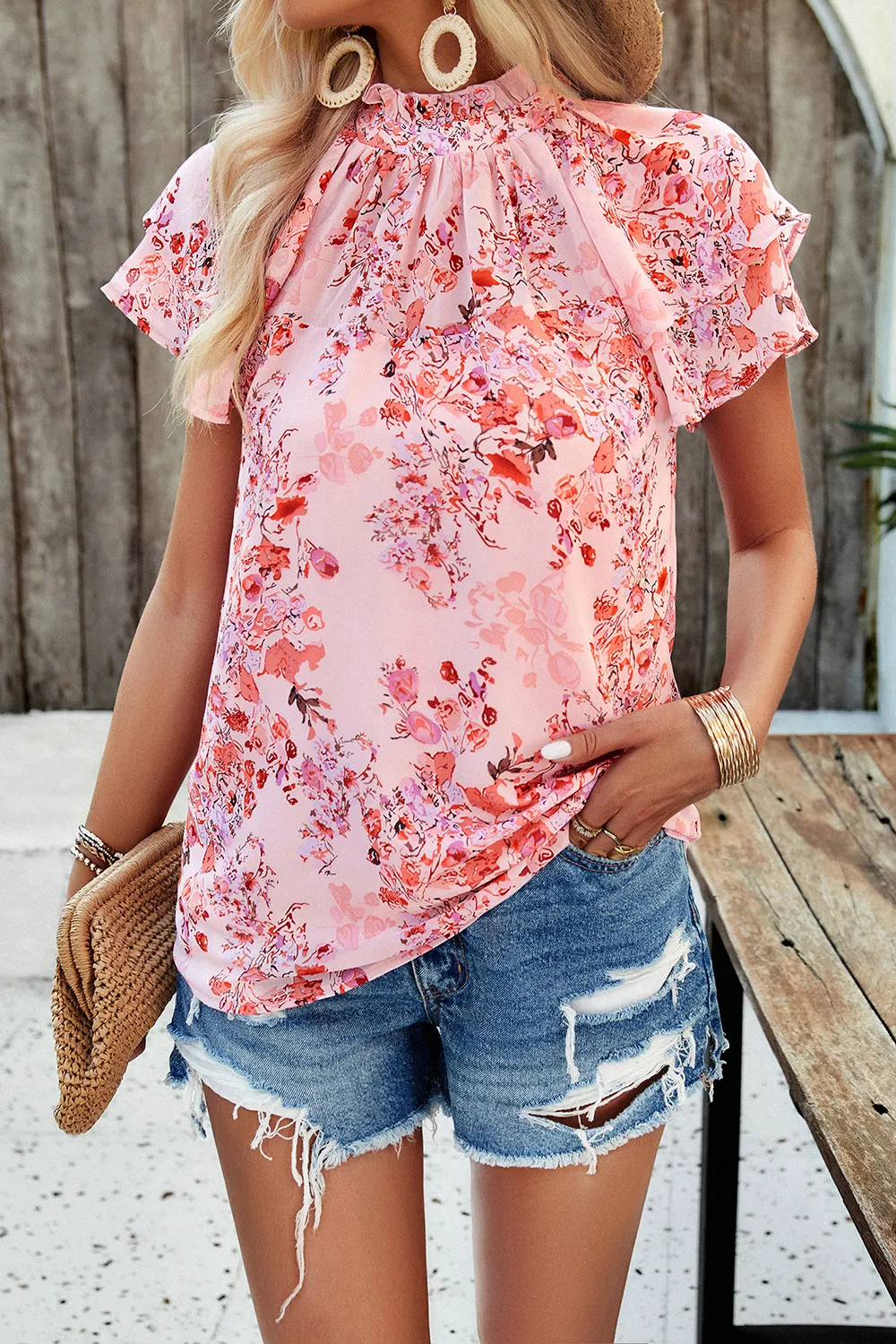 Printed Ruffled Mock Neck Blouse, image 17
