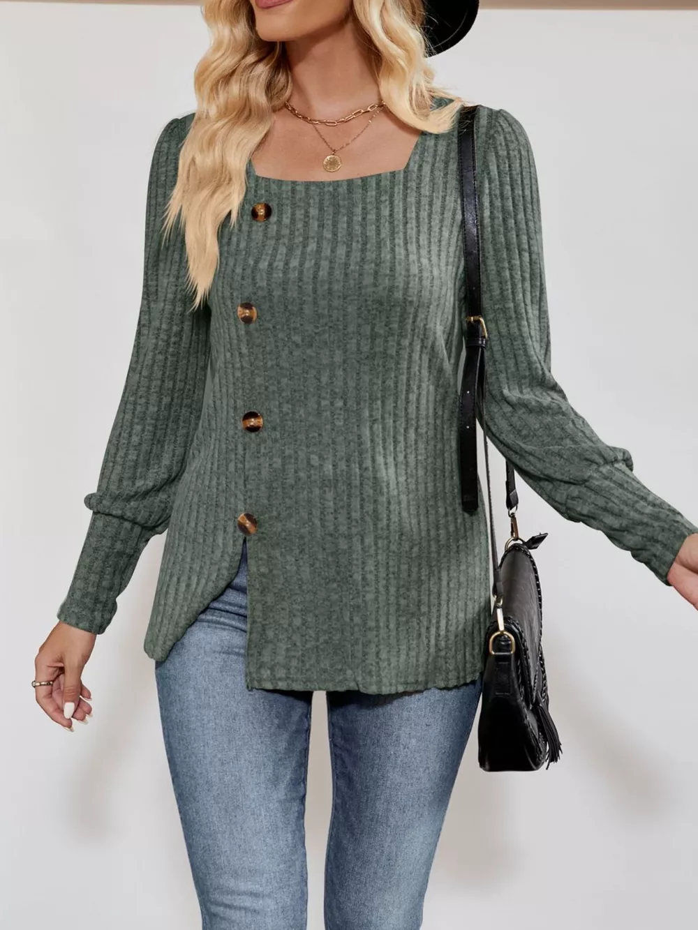 Ribbed Knit Slit Long Sleeve T-Shirt, image 17