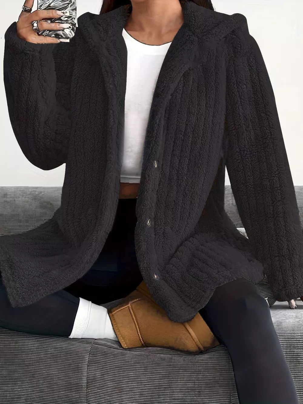 Full Size Fleece Button Up Hooded Outerwear Plus Size, image 17