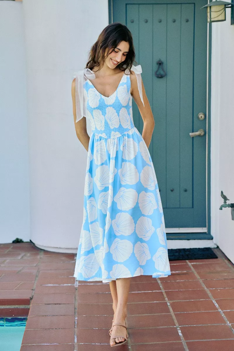 Shell Smocked Bodice Shoulder Tie Lined Midi Dress, image 4