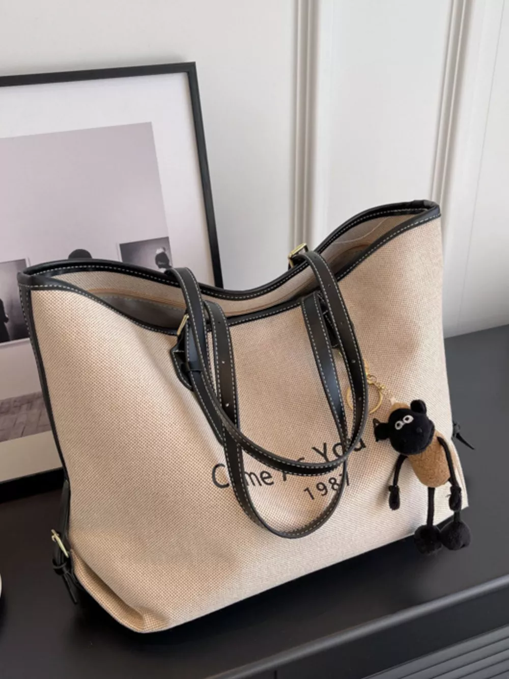Canvas Tote Shoulder Bag with Charm, image 4