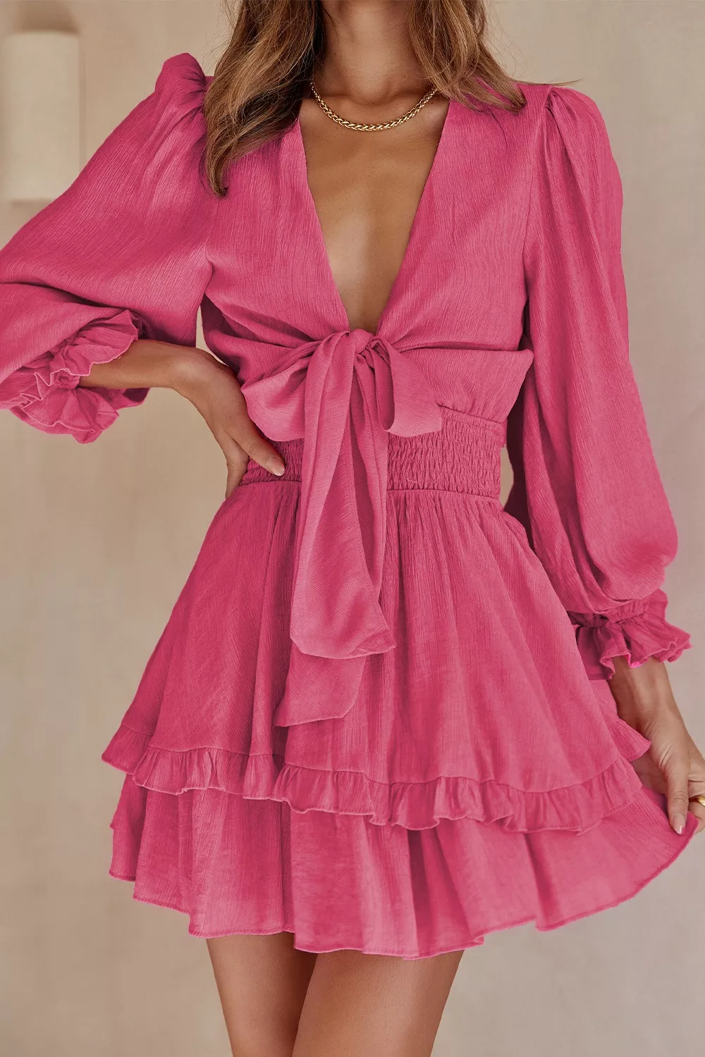 Elegant Tie-Front Ruffle Mini Dress with Smocked Wiast, image 4
