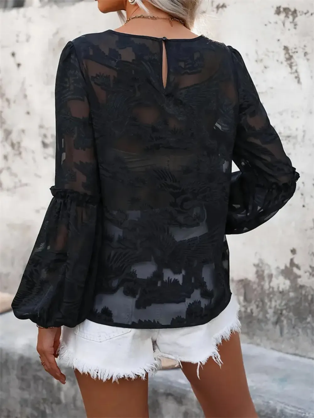 Round Neck Balloon Sleeve Blouse, image 2