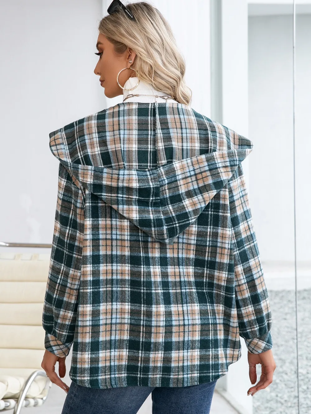 Plaid Snap Down Hooded Jacket, image 3