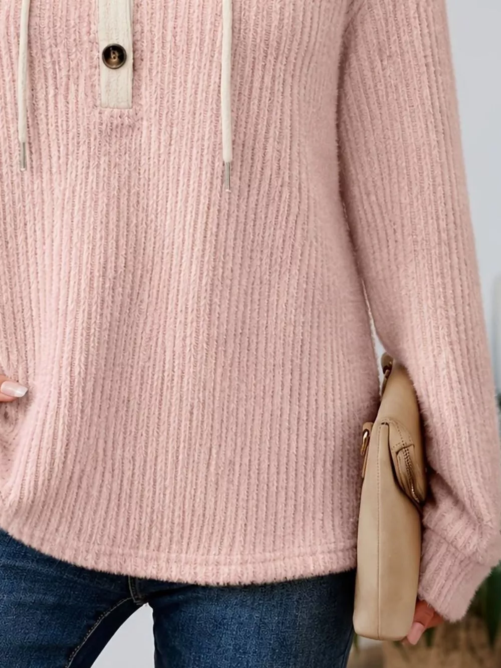 Full Size Drawstring Button Detail Hooded Sweater Plus Size, image 12