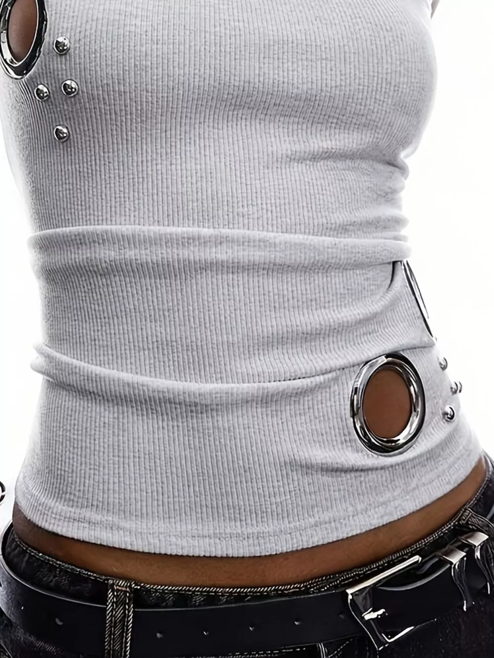 Ribbed Tank Top with Metal Grommet Cutouts and Stud Embellishments, image 6