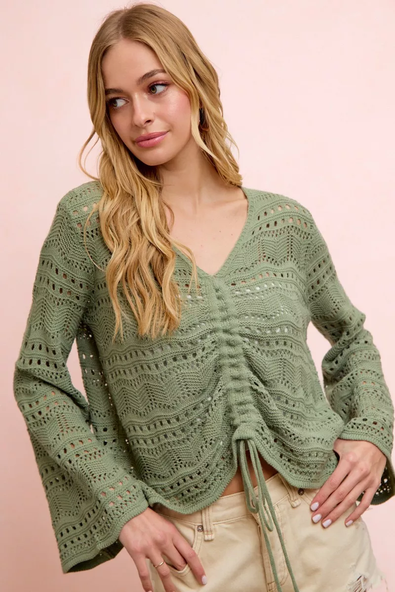 Pointelle Knit V Neck Ruched Front Lightweight Top, image 5