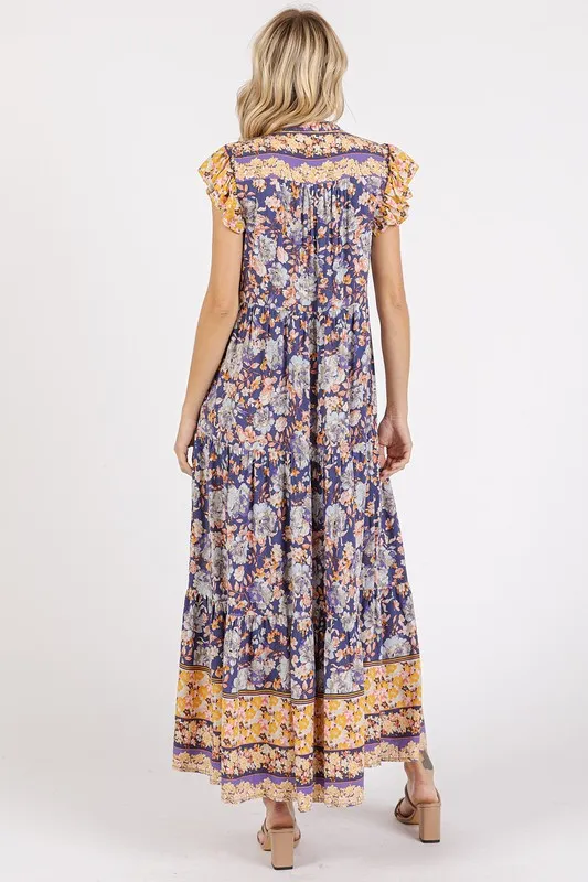 Floral Ruffled Notched Cap Sleeve Maxi Dress, image 4