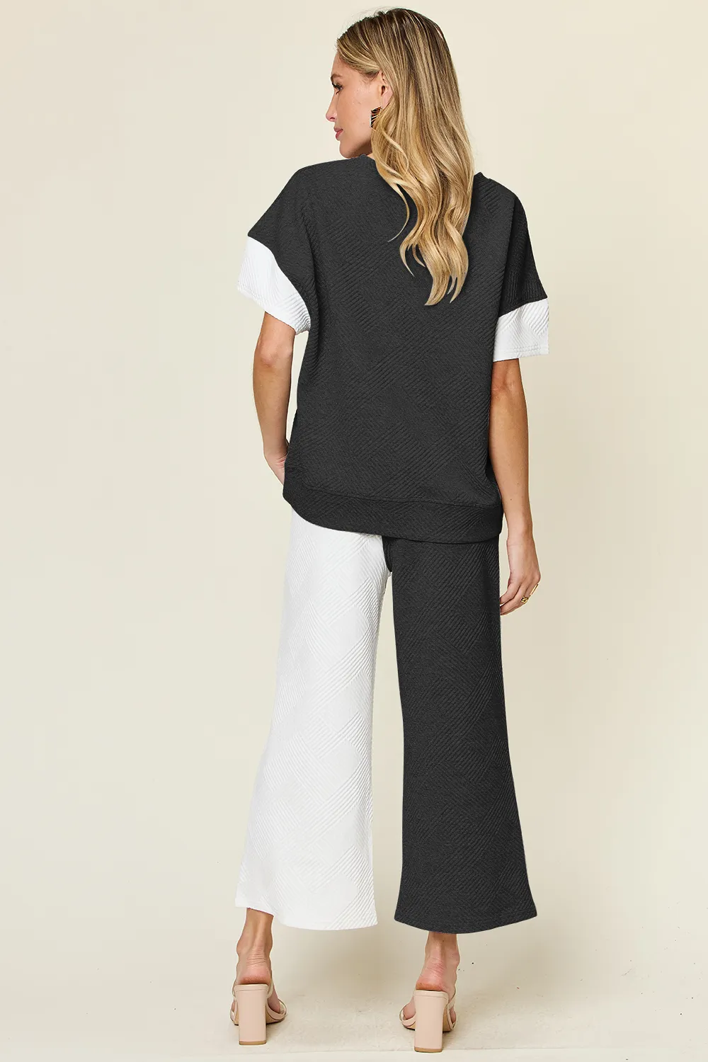 Full Size Texture Contrast T-Shirt and Wide Leg Pants Set, image 2